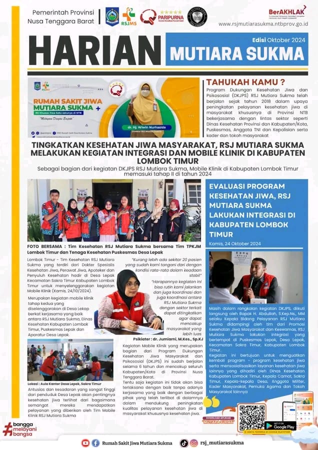 TINGKATKAN KESEHATAN JIWA MASYARAKAT, RSJ MUTIARA SUKMA MELAKUKAN KEGIATAN INTEGRASI DAN MOBILE KLINIK DI KABUPATEN  LOMBOK TIMUR